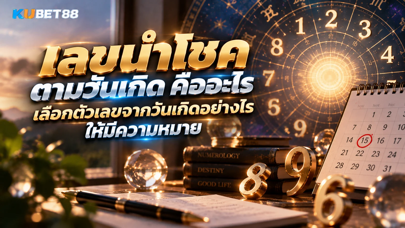 ภาพประกอบเลขนำโชคตามวันเกิด แสดงปฏิทิน ตัวเลข และแนวคิดการเลือกเลขจากวันเกิดให้มีความหมาย